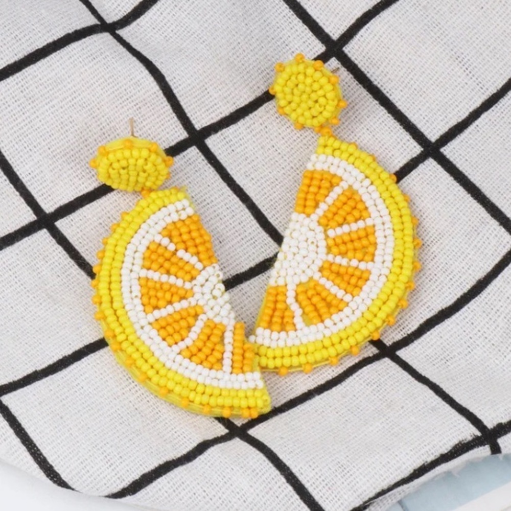 Lemon Earrings Fruit Seed Bead Dangle - Picture 4 of 8